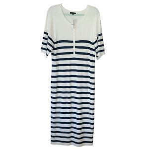 J Crew Ribbed Henley Midi Dress Plus XXL White Blue Stripes Nautical Summer